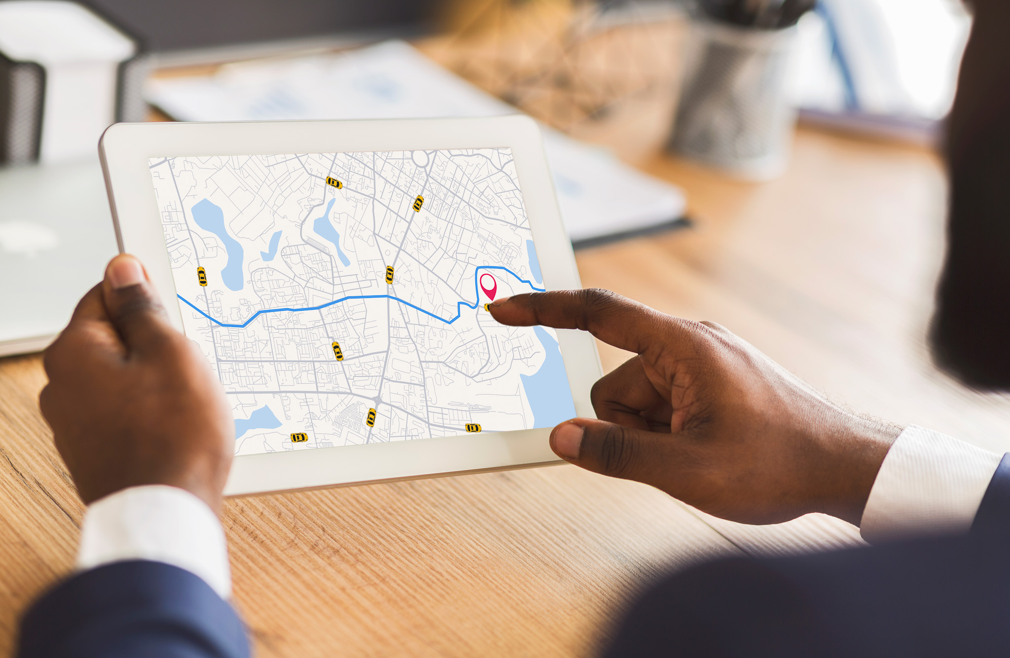 Unrecognizable Black Businessman Using Taxi Services App On Digi